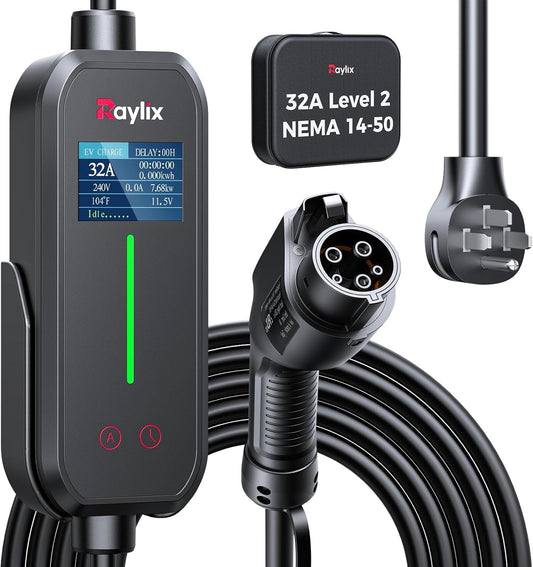 Raylix 32A Level 2 EV Charger, 240V 7.68kW Mobile Electric Car Charger with 21ft Cable [Adjustable Current & Delay Charging] Portable EV Chargers for All SAE J1772, NEMA 14-50 Plug 4 Prong Plug
