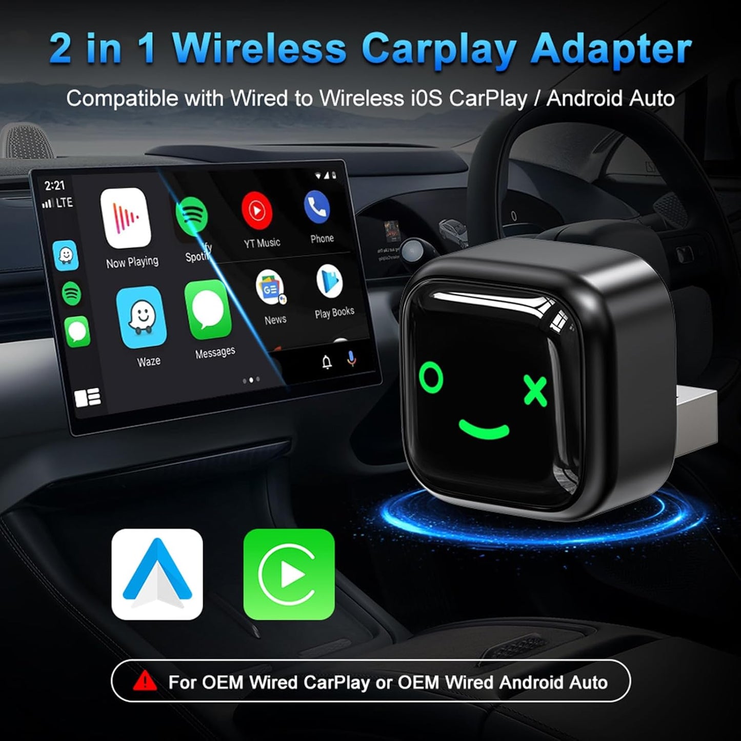 Wireless CarPlay & Android Auto Adapter(2 in 1) - Upgrade Wired CarPlay or Android Auto to Wireless,Perfect Compatible with Built-in Wired Apple CarPlay and Android Auto Cars for iPhone Samsung google