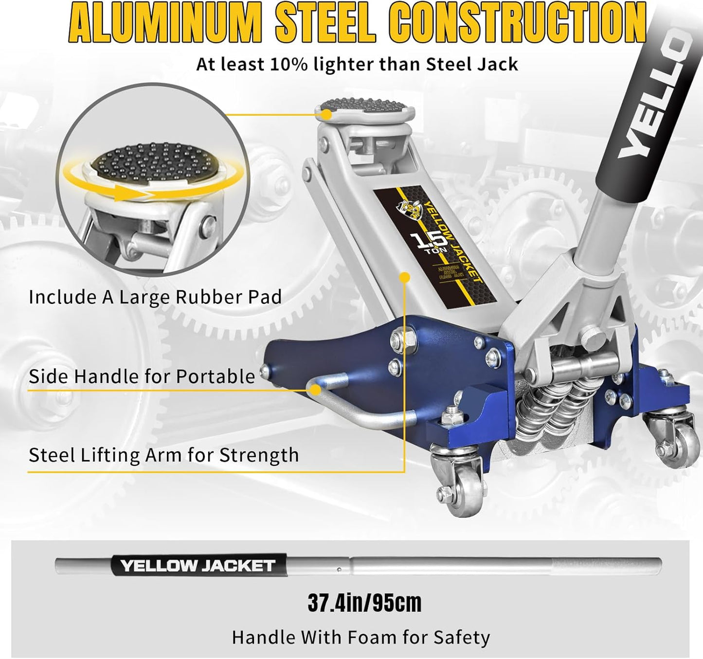 YELLOW JACKET Floor Jack 1.5 Ton Hydraulic Low Profile Aluminum and Steel Car Jack Lightweight Service Jack with Quick Lift Dual Pump, 3300 lbs Capacity