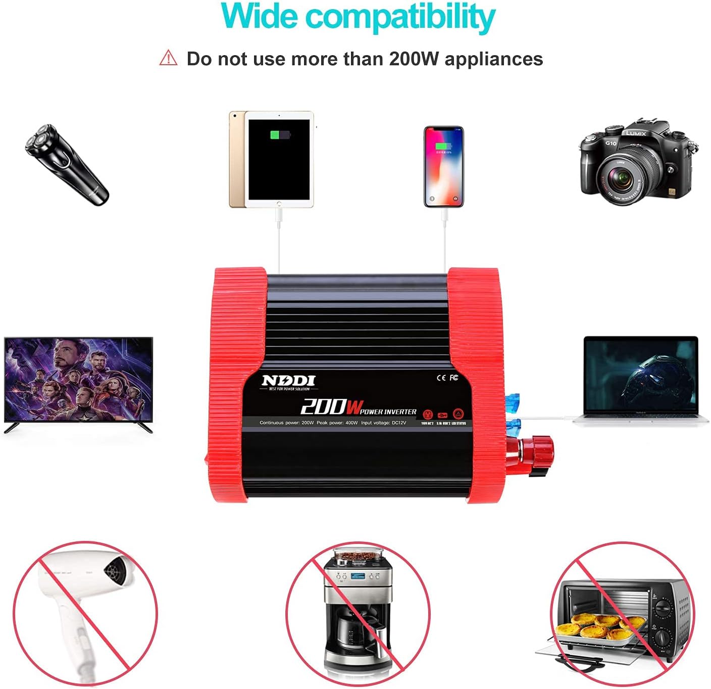 200W Car Power Inverter 12V DC to 110V AC Converter with 3.1 A Dual USB Quick Car Charger Adapter