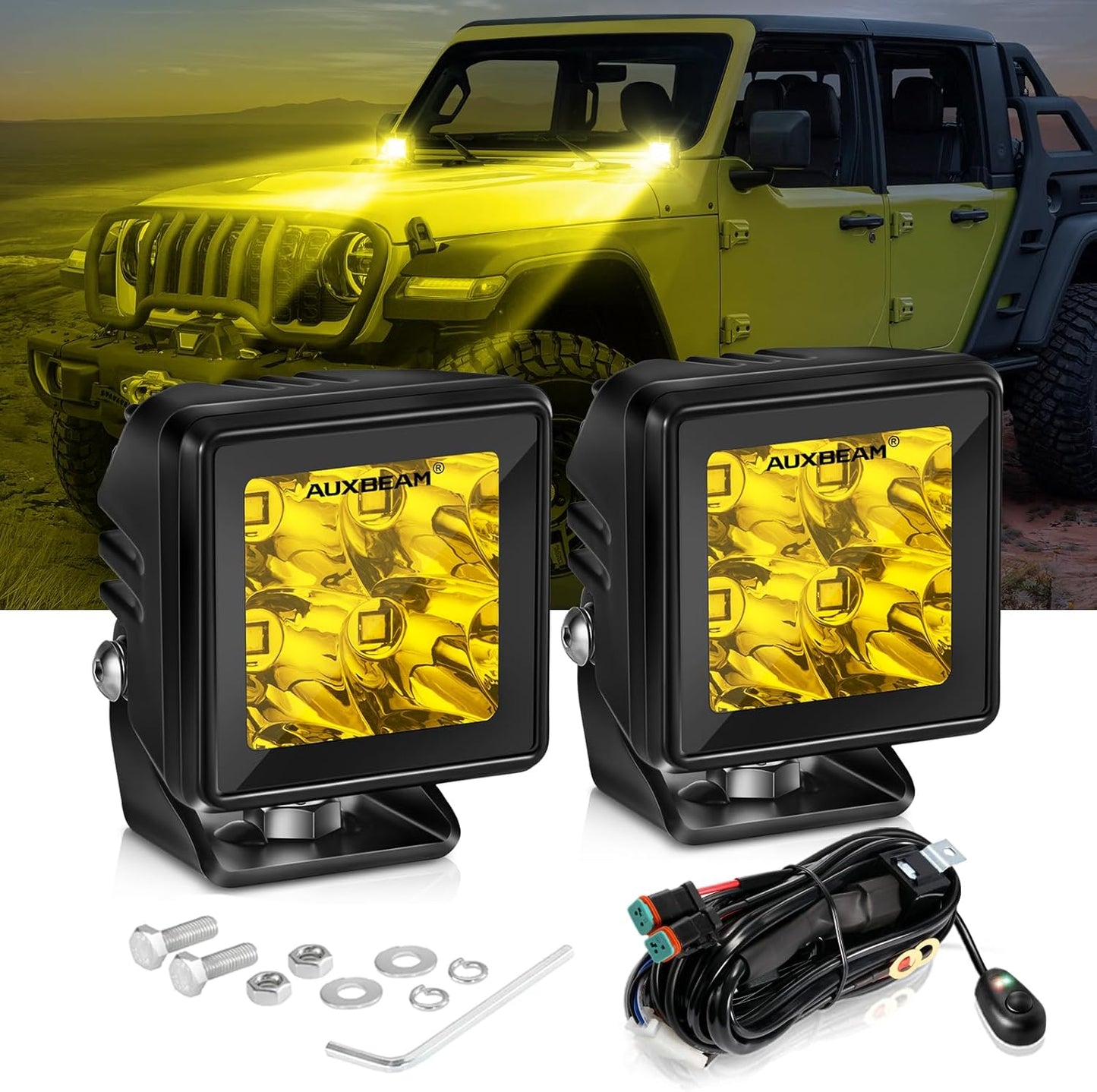 Auxbeam LED Pod Light, 2 Inch Amber Fog Light Offroad Cube Light Pods Focusing Spotlights, 4000LM Spot Beam Auxiliary Driving Ditch Work Lights for Auto Truck Car Jeep