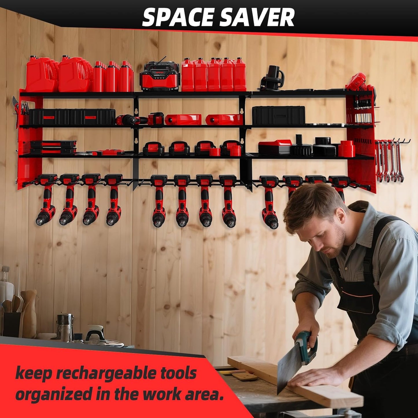 Power Tool Organizer Wall Mount with 12-Drill Holders-800Lbs Load Heavy Duty Metal 4-Layers Garage Storage and Organization Adjustable Battery Tools Rack Utility Racks Gifts for Men