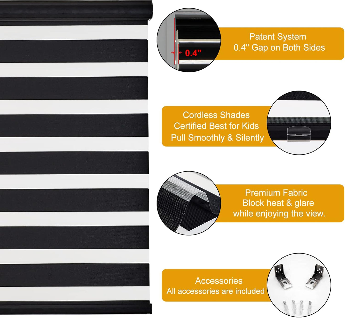 Persilux Cordless Zebra Blinds for Windows Roller Windows Shades (72" W X 72" H,Black) Dual Layer Light Control Light Filtering Sheer Shades for Home