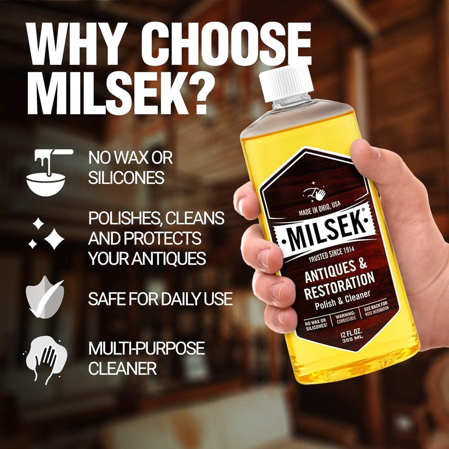 Milsek Antiques & Restoration Polish & Cleaner - Home Essential Cleaning Supplies for Home Improvement of any Wood Antiques or Heirlooms - 12 Fl Oz (Pack of 12)