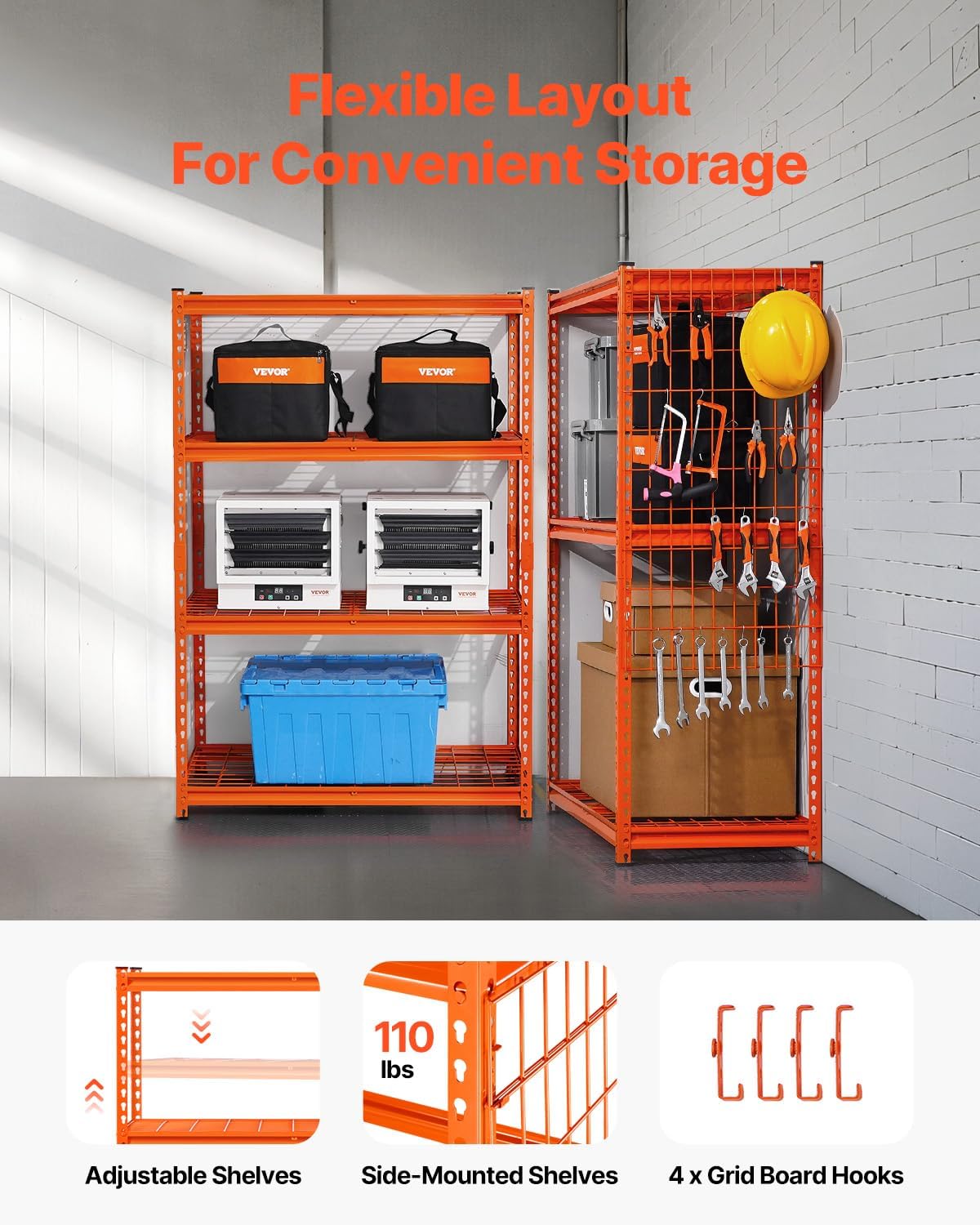 VEVOR Storage Shelves, 2400 lbs, 4 Tier Heavy Duty Garage Shelving, 20" D x 40" W x 60" H Adjustable Metal Shelves for Industrial Shelving Unit Utility Shelf, for Kitchen, Warehouse, Basement, Orange