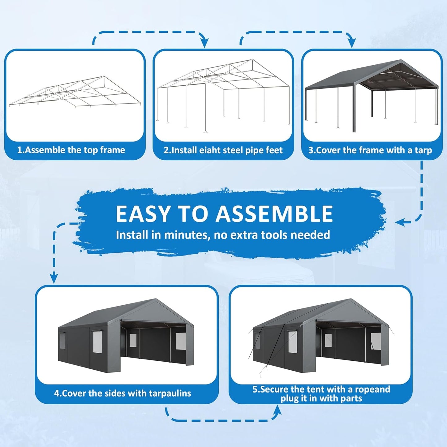 Polar Aurora Carport 20x20 FT, Heavy Duty Car Port Canopy, with 2 Side-Opening Door & Roll-Up Windows, Outdoor Portable Garage for Car, Truck, Boat, Motorcycle