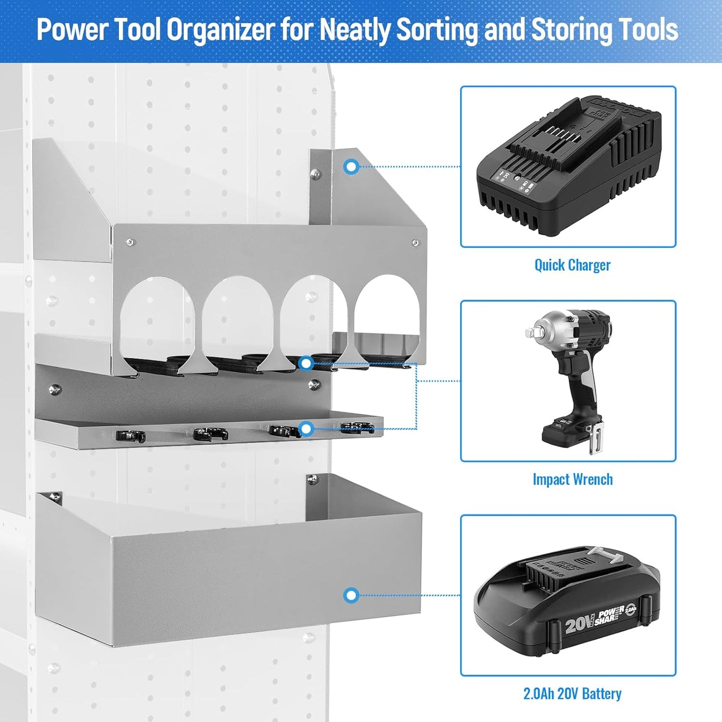 AA Products P-SH-Power Tool Organizer Wall Mount Designed for 16''D Van Shelving Storage, Three Layer 16" W Steel Power Tool Charging Station Organizer