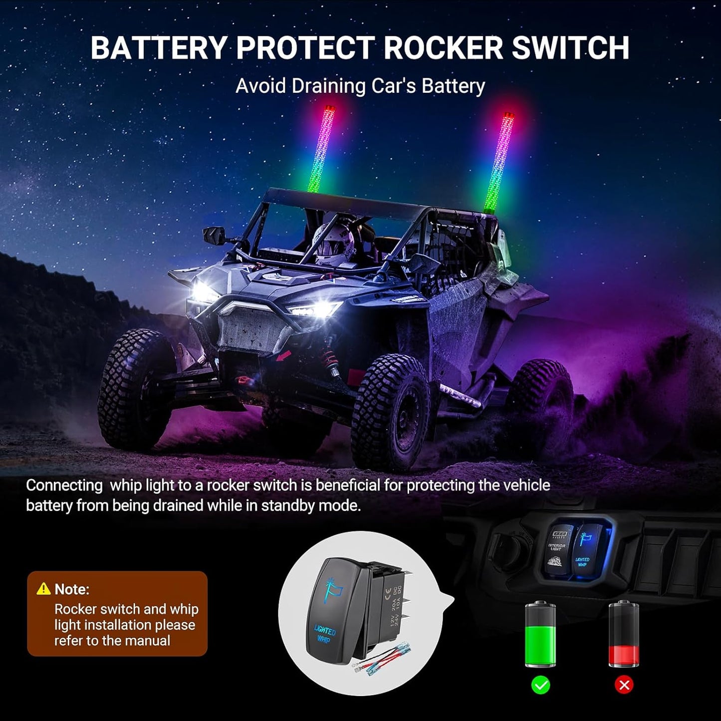 2PCS 3FT Fat Whip Lights for UTV ATV with Spring Base, Led Fatty Whip Light W/Rocker Switch & 6 Flags, Brighter Spiral Chasing Lighted Antenna Whip with APP & Remote Control for RZR SXS Can-Am