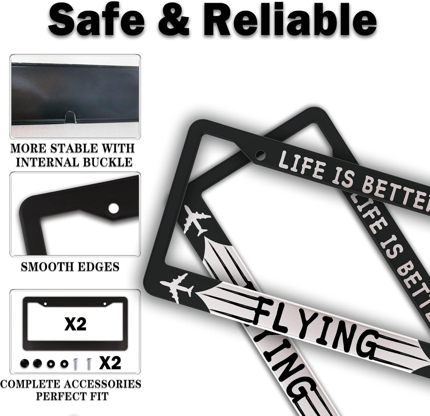 License Plate Frames Black and White Automotive Exterior Accessories Life is Better Flying Aluminum Metal Car Accessory 2 Pack with Screw Covers Set