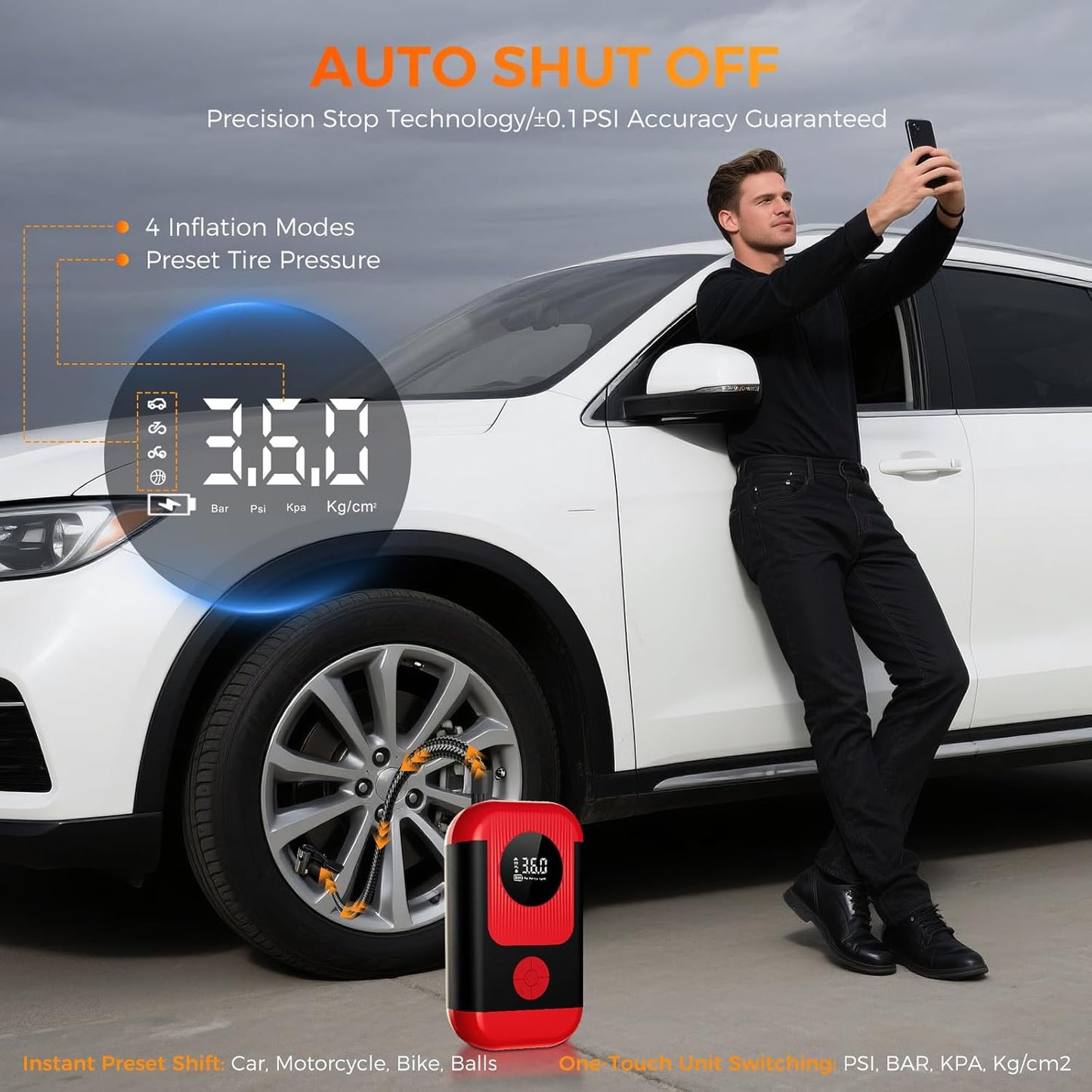 Tire Inflator Portable Air Compressor with battery jumper starter, 28000mAh Battery 3X Faster Cordless Tire Inflator with Tire Pressure Gauge,150PSI Electric Air Pump for Car Tires,Motorcycle,Bike