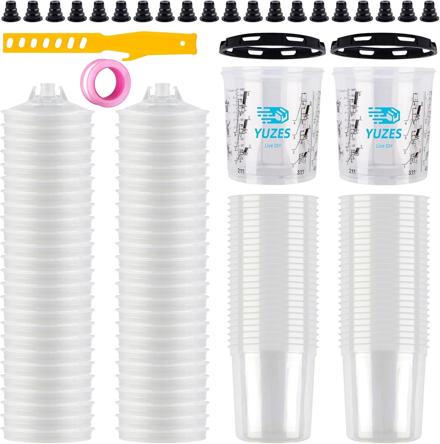 YUZES Disposable Paint Cups for Spray Gun 20 Ounce (600ml), 50 Disposable Paint Cup with Lids, 2 Hard Mixing Cups with Retainer Ring, 20 Plugs, PTFE Tape, Stirrer, for LVLP HVLP Spray Gun