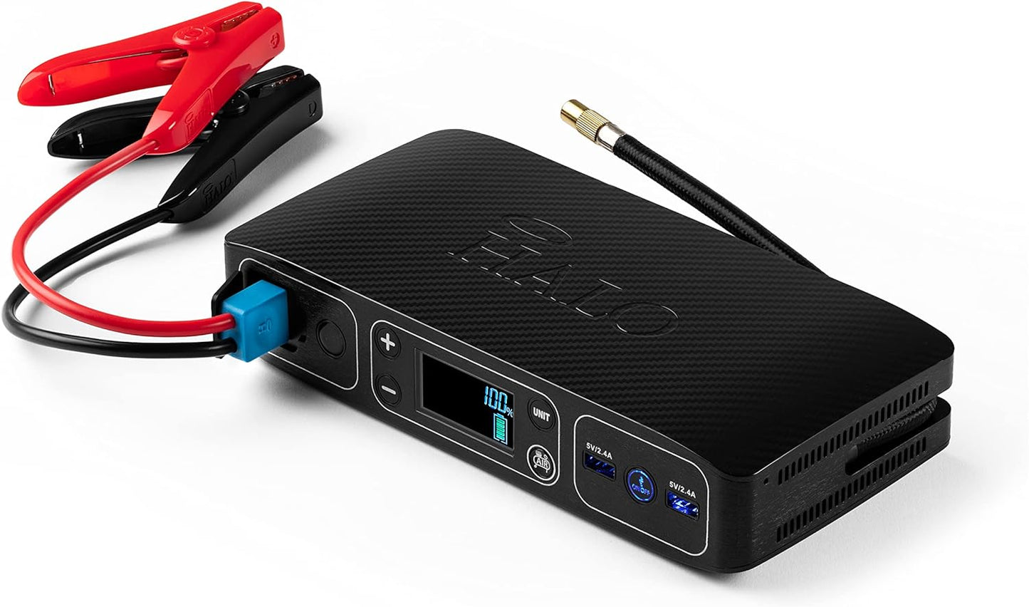 HALO Bolt Air 58830 Portable Car Battery Jump Starter | 100 PSI Air Compressor, 58.8Wh USB Power Bank, Emergency Floodlight & Charger, Jumps Cars SUVs & Trucks, Inflates Tires, TSA Approved — Black