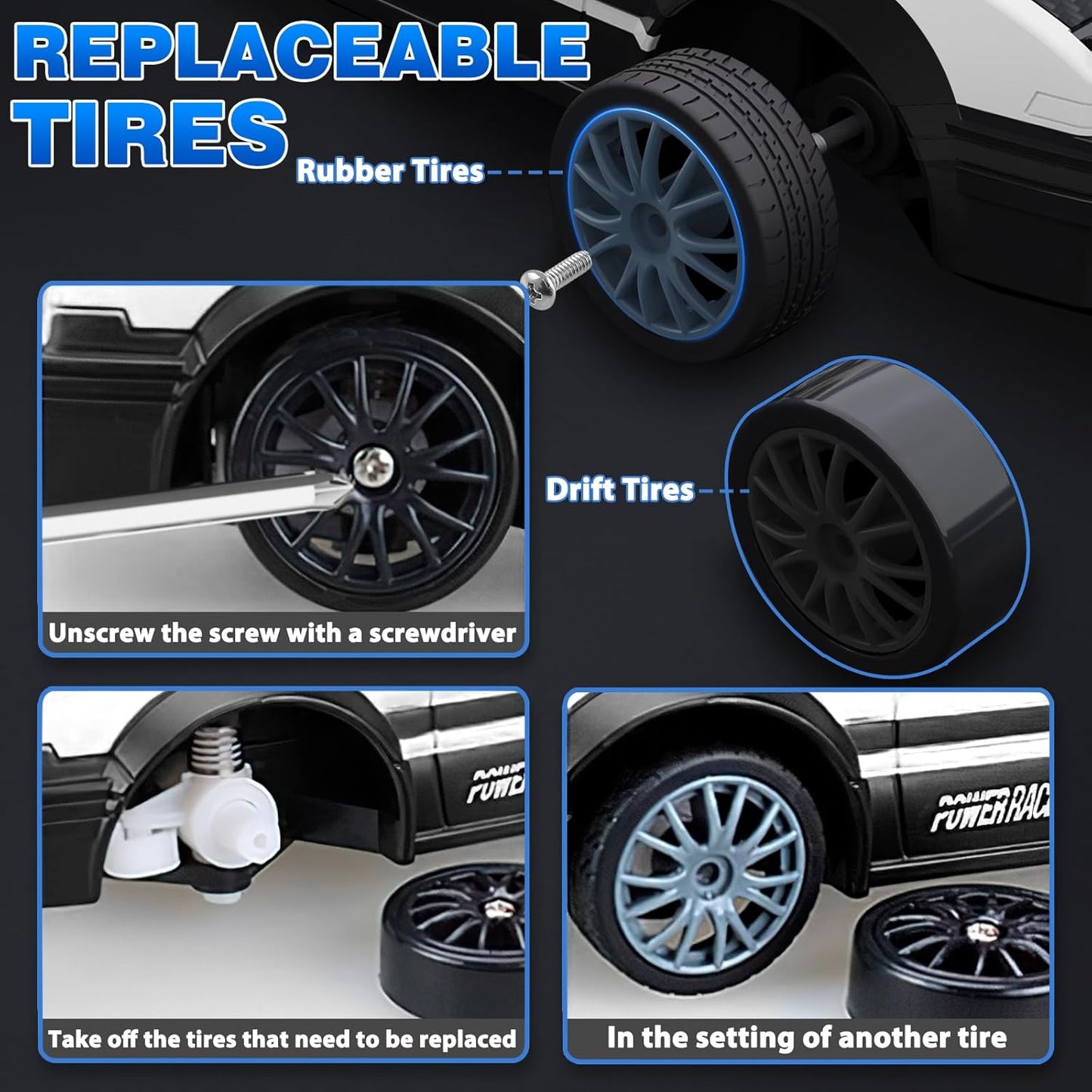 RC Drift Car 1/24 2.4GHz Remote Control Cars, 4WD High Speed Drift RC Cars with Cool LED Lights, Extra Drifting Tires Racing Toys Car for Kids Boys Girls Adults (White)