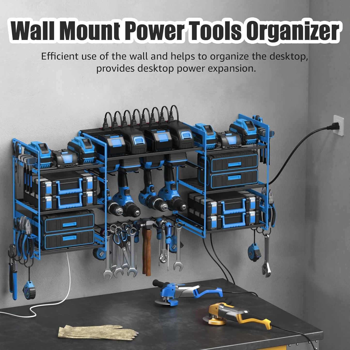 CCCEI Blue Power Tool Organizer Wall Mount, Large Tools and Battery Storage Rack Charging Station Individual Switches. Drills Holder, Garage Utility Shelves with 6FT Power Strip. Gift for Men.
