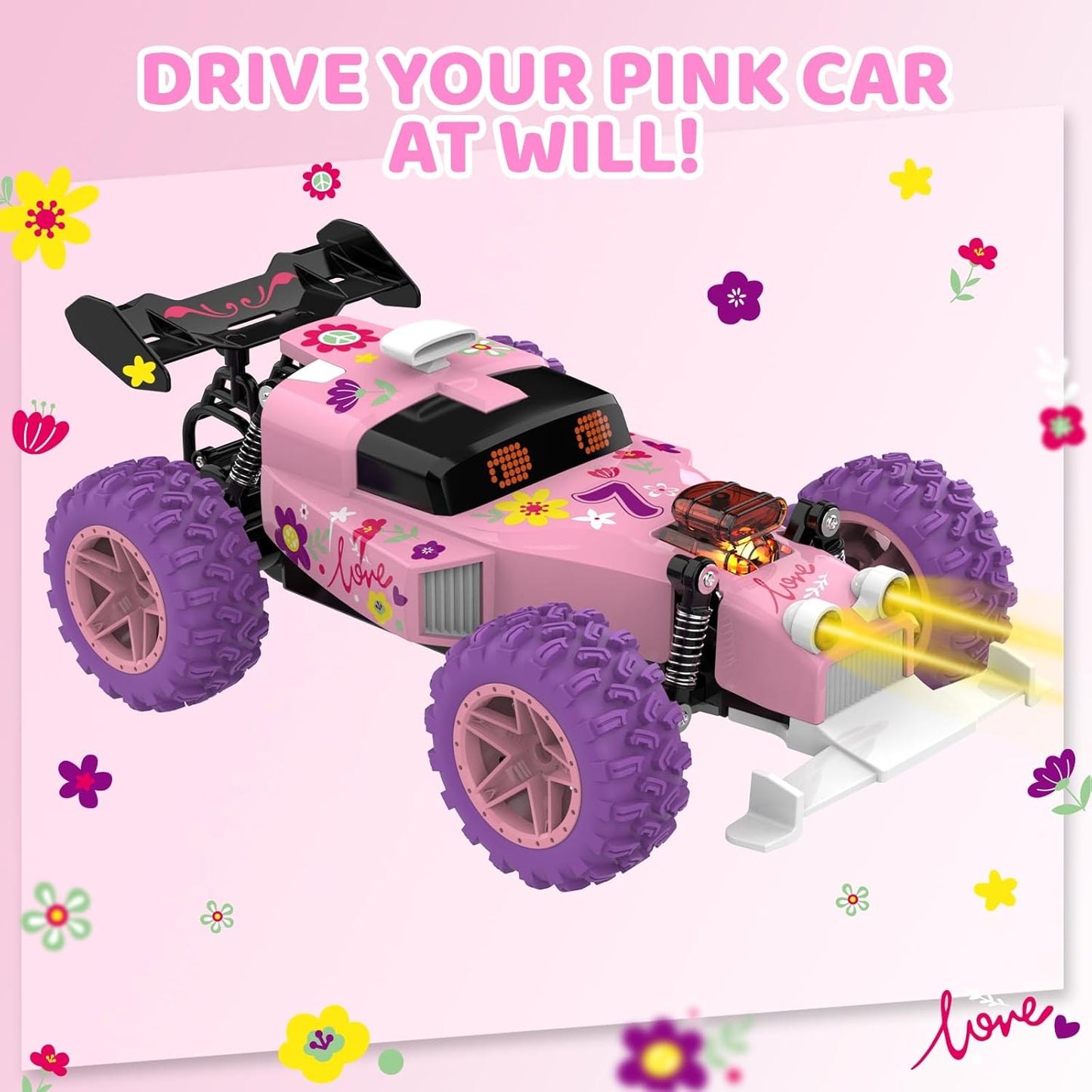 Pink Remote Control Car for Girls, RC Race Car Girl Toy with Colored Lighting Eyes, Rechargeable Battery, 2.4GHz RC Toy Vehicle for Kids, Birthday Christmas Toy Gifts.