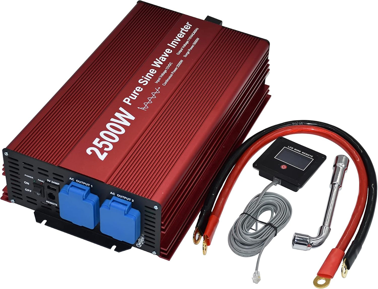 2500W Pure Sine Wave Inverter 12V to 120V AC with 2 AC outlets, DC5V 2 Amp USB Output, LCD Display Wire Remote kit and Heavy Duty Battery Cables.