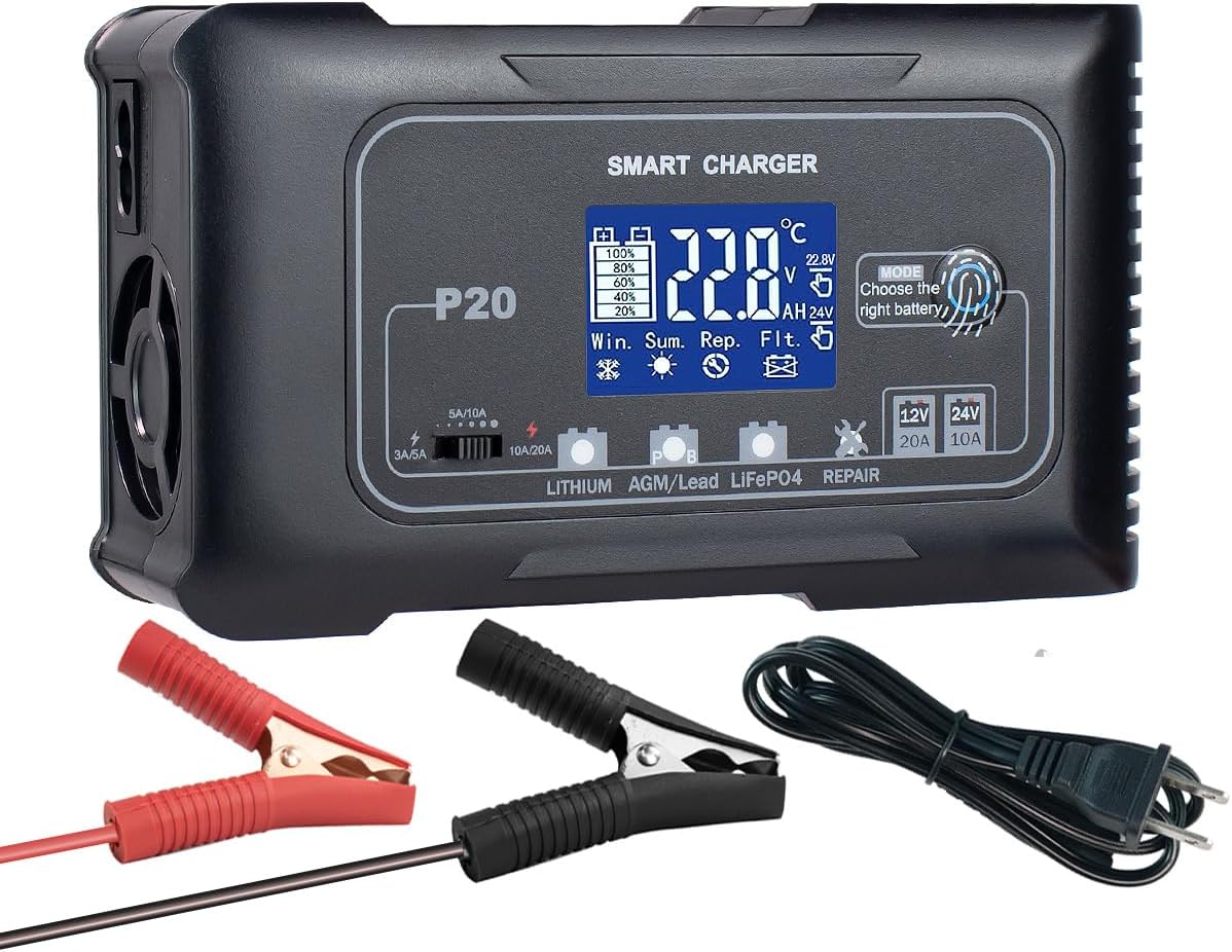20A Smart Battery Charger 12V/24V, Automatic Charger & Maintainer for Lithium, LiFePO4, and Lead-Acid (AGM/Gel/SLA) Batteries, Trickle Charging for Cars, Boats, Motorcycles