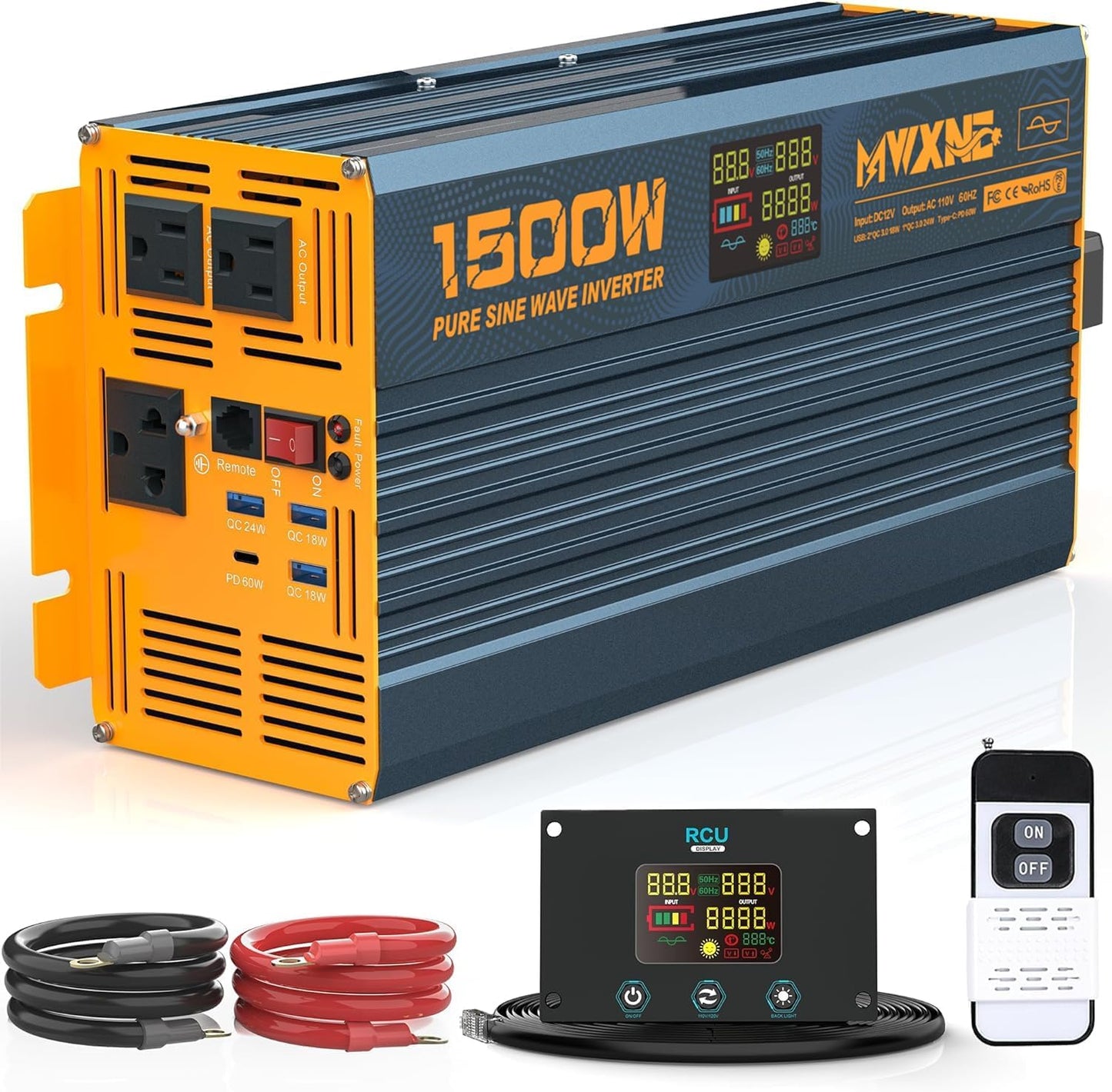 1500W/3000W(Peak) Power Inverter Pure Sine Wave DC 12V to 110V 120V AC Converter 3 AC Outlets Car Inverters with 4 USB Fast Charging Ports, LCD Display and Remote Controller for Truck RV