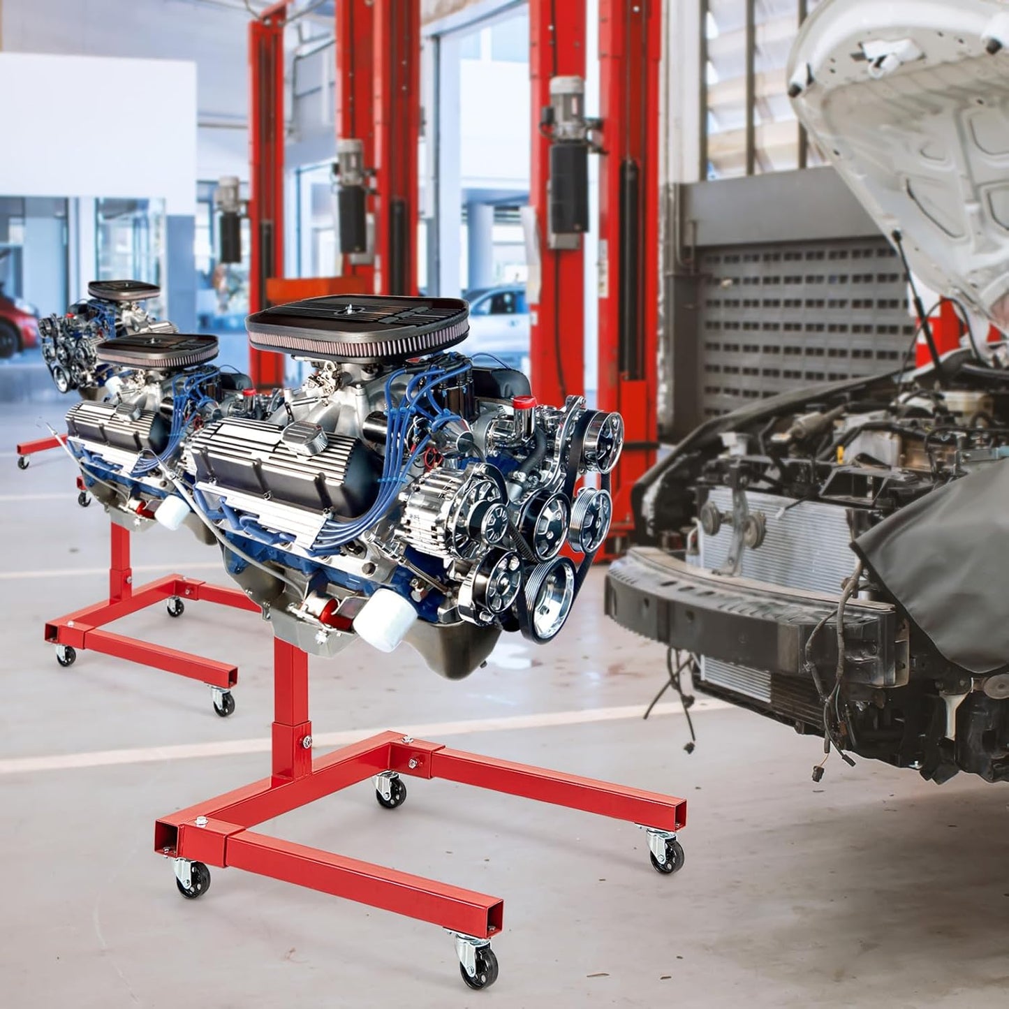 Goplus Engine Stand, 1500 LBS (3/4 Ton) Motor Stand with 4 Wheels, 360 Degree Rotating Head & 4 Adjustable Arms, Heavy-Duty Metal Engine Holder for Garage, Auto Repair, Red