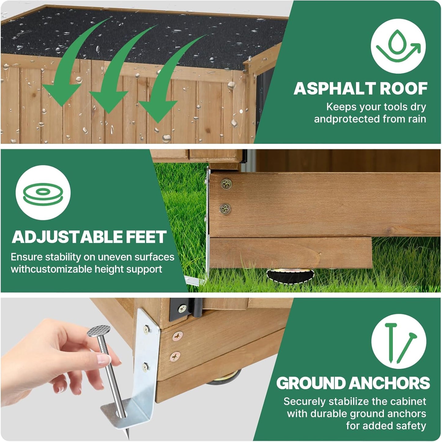 Outdoor Storage Cabinet Wood & Metal, Tall Tool Shed with Weatherproof, Double Lockable Doors, Removable 3 Shelves, Adjustable Feet for Patio, Garden, Backyard, Lawn, 32" x 15.5" x 66" (Brown)