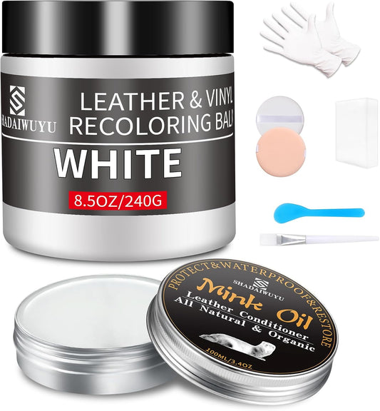 8.5oz Leather Recoloring Balm with 100ml Mink Oil,White Leather Repair kit for Furniture and Car Interior,Leather Couch Scratch Repair,Leather Dye Paint,Mink Oil for Leather