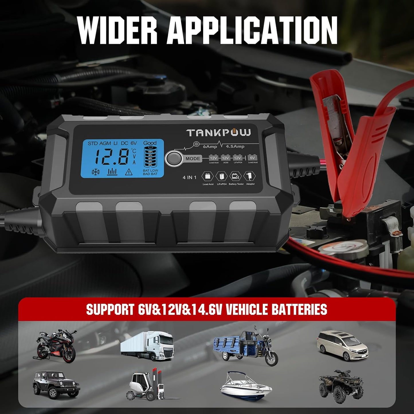 6-Amp Automotive Battery Charger, 6V and 12V Smart Car Battery Charger,Trickle Charger Battery Maintainer and Desulfator,Float Charger for Car,Motocycle,ATV,Lithium and Deep Cycle Batteries.