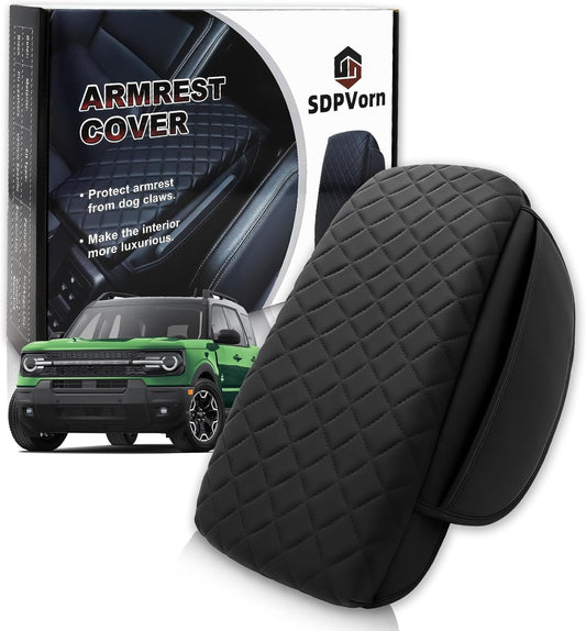 Armrest Cover for Ford Bronco Sport 2021-2025 Center Console Pad with Organizer Storage Pockets, Black Faux Leather Arm Rest Lid Protector Cushion Interior Accessories 2/4 Door(for Bronco Sport)