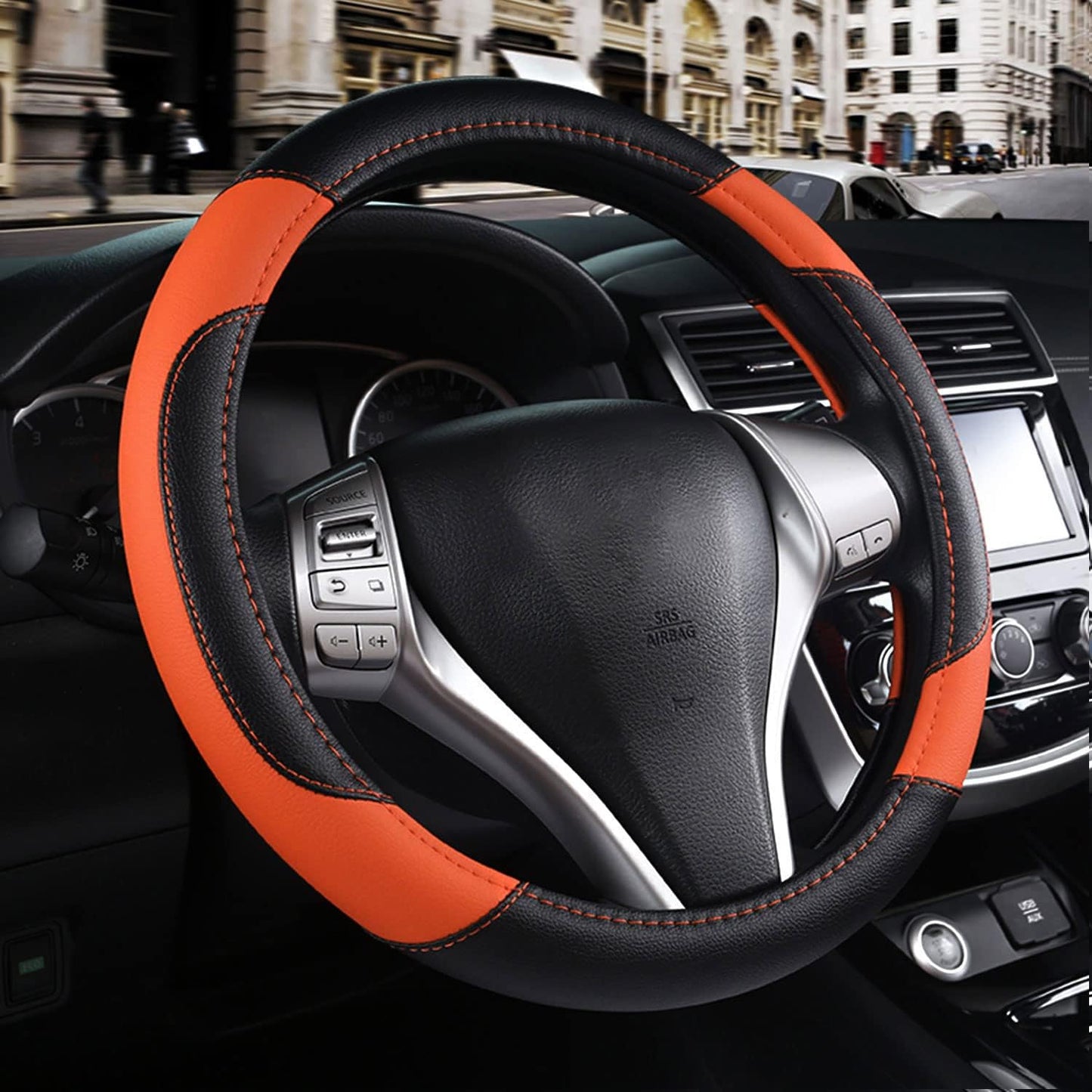 Leather Car Steering Wheel Cover, Non-Slip Car Wheel Cover Protector Breathable Microfiber Leather Universal Fit for Most Cars (Orange-2)