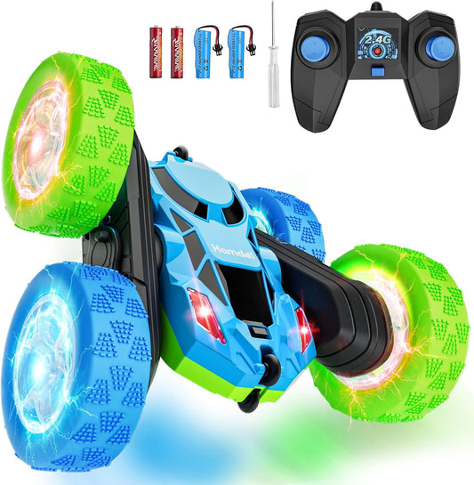 Remote Control Car for Kids RC Stunt Cars with Cool Wheel Lights 360° Rotating Boys Toys for Ages 6 7 8 9 10-12 Kids Gift Ideal(Blue&Green)