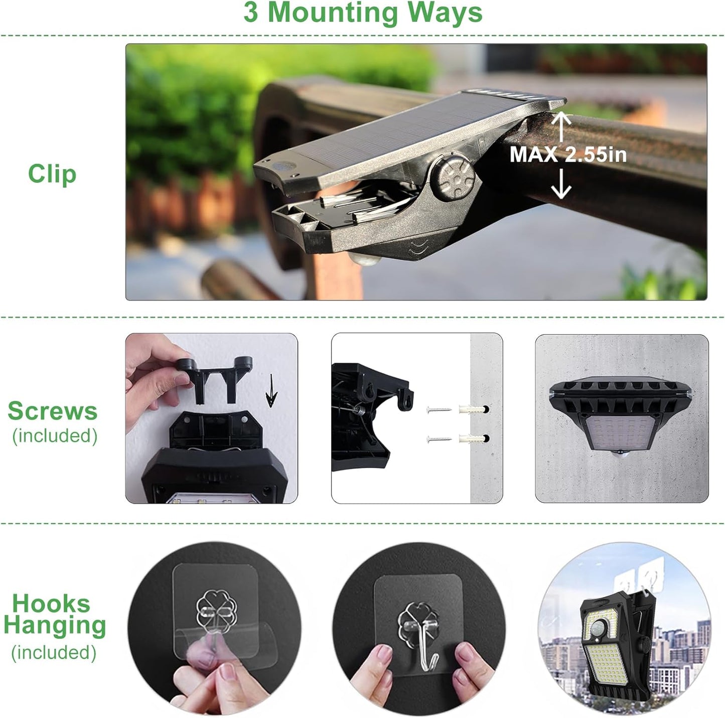 Tryme 45LEDs Solar Lights Outdoor Clip Motion Sensor Lights 3 Modes 3 Mounting Ways IP65 Waterproof Security Light for Chain Link Fence Camping Gate (2 Pack)