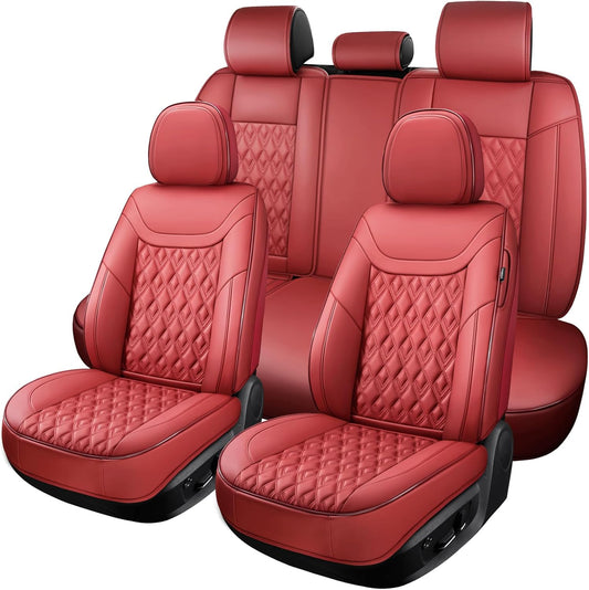 Car Seat Covers Full Set, Leather Seat Covers for Cars, Car Seat Protector Waterproof, Non-Slip Car Interior Covers Fit for Most Cars, SUV, Vans, Trucks,5Seaters,Full Set,Wine-Red