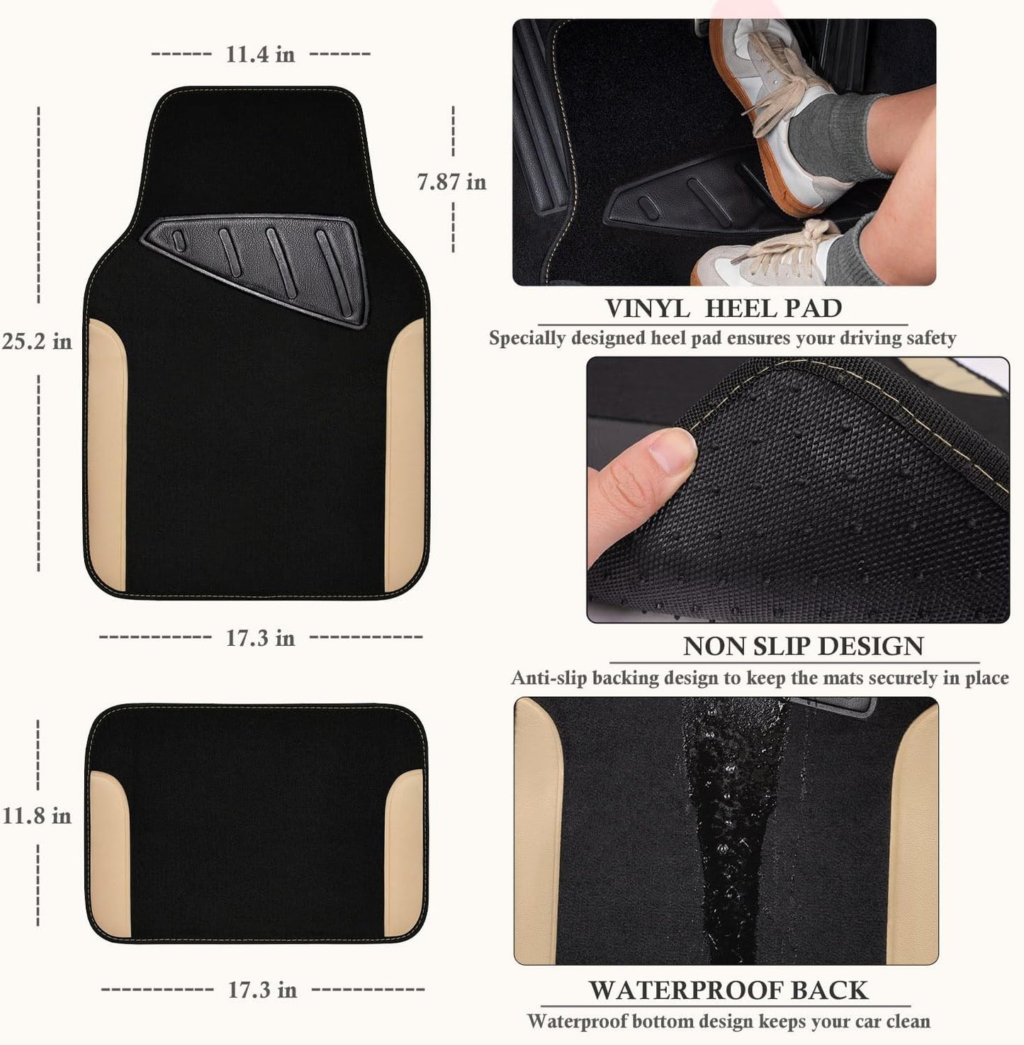 CAR PASS Waterproof Car Floor Mat, Universal Fit Car Mats with Driver Heel Pad, Leather Car Carpet, Anti-Slip Nibbed Backing Floor Mats for SUV, Vans,Sedan,Truck, Automotive Floor Mats (Black Beige)