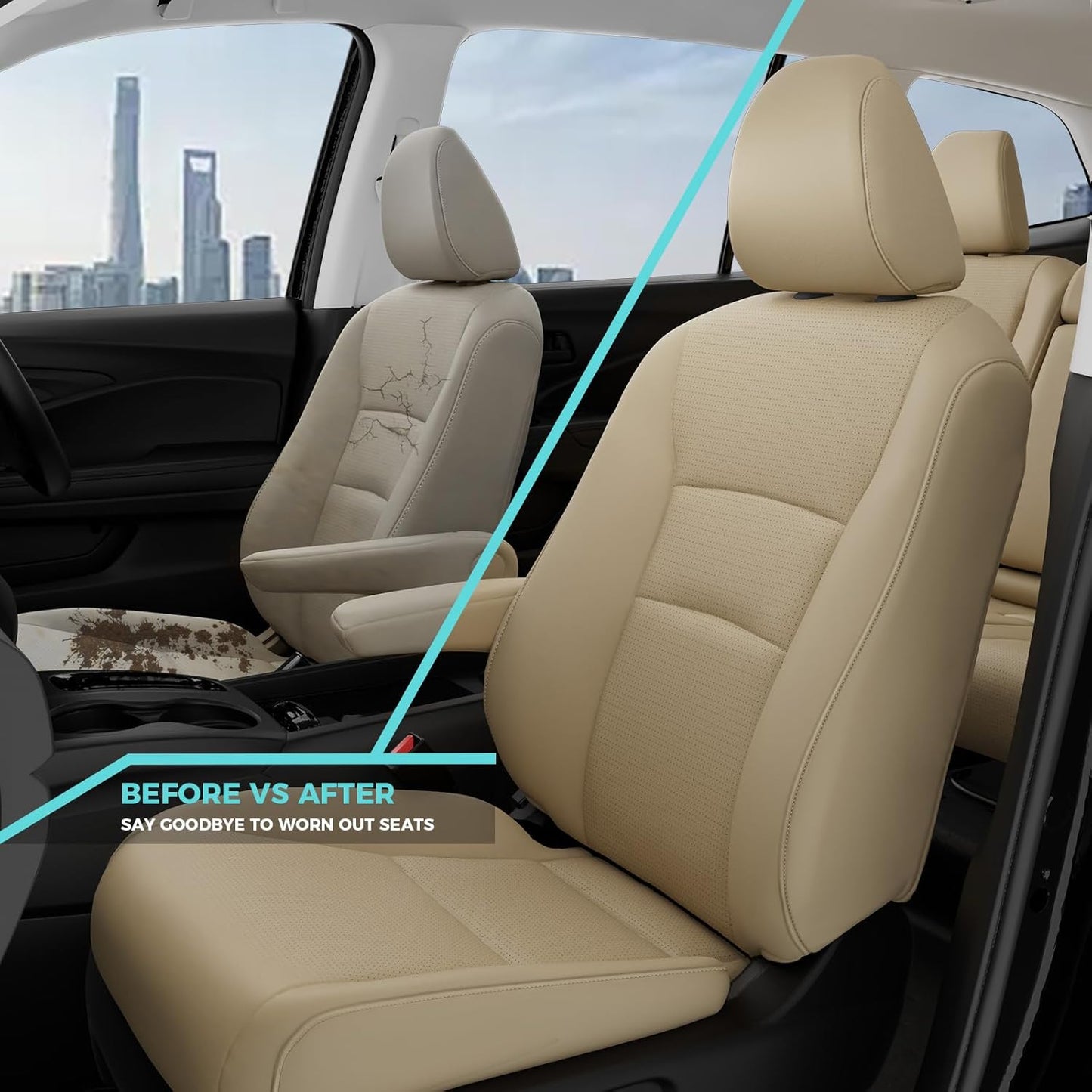 for Honda Pilot Seat Covers, Car Seat Protectors Full Set Custom Fit Pilot Elite,Black Edition 2016 2017 2018 2019 2020 2021 2022-7 Seats, Faux Leather Full Coverage Waterproof, Beige