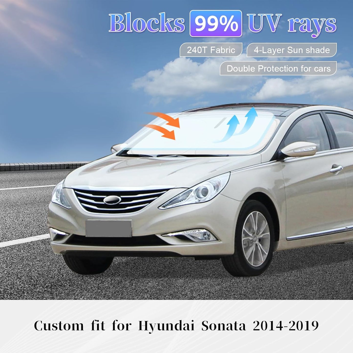 Sun Shade Sunshade for Hyundai Sonata Windshield Cover, 4-Layer Front Window Shade Custom fit Sonata 2014-2019 Sun Visor 240T Retractable Shade Shield Blocks UV Rays Cooler Car Accessories