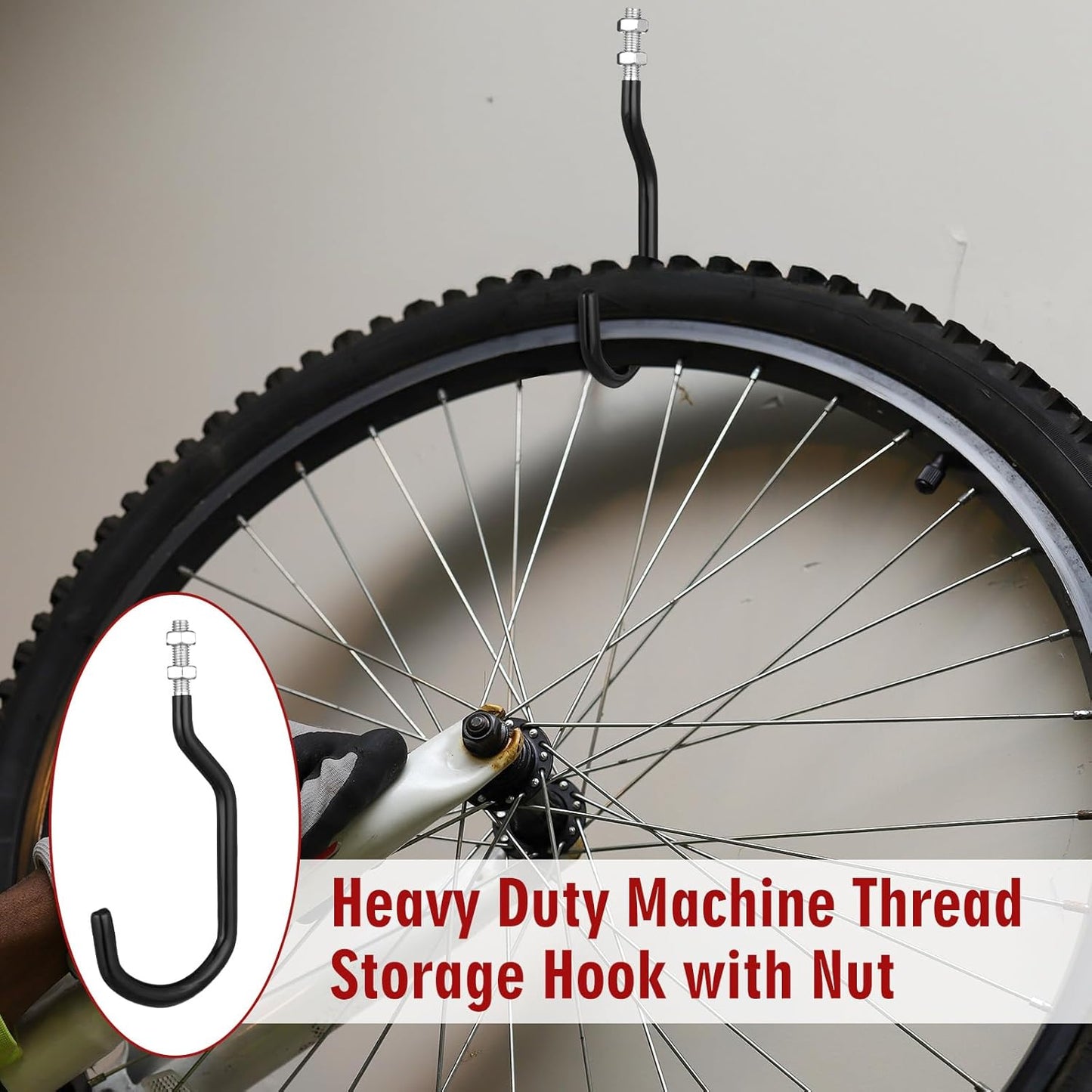 Shimeyao 8 Pcs Machine Thread Bicycle Storage Hook with Nut Heavy Duty Bike Hooks M10 x 1.5 Machine Threading Hook Rubber Coated Bicycle Hanger for Hanging Large Mountain Bike Tire (3.15 Inch,Black)