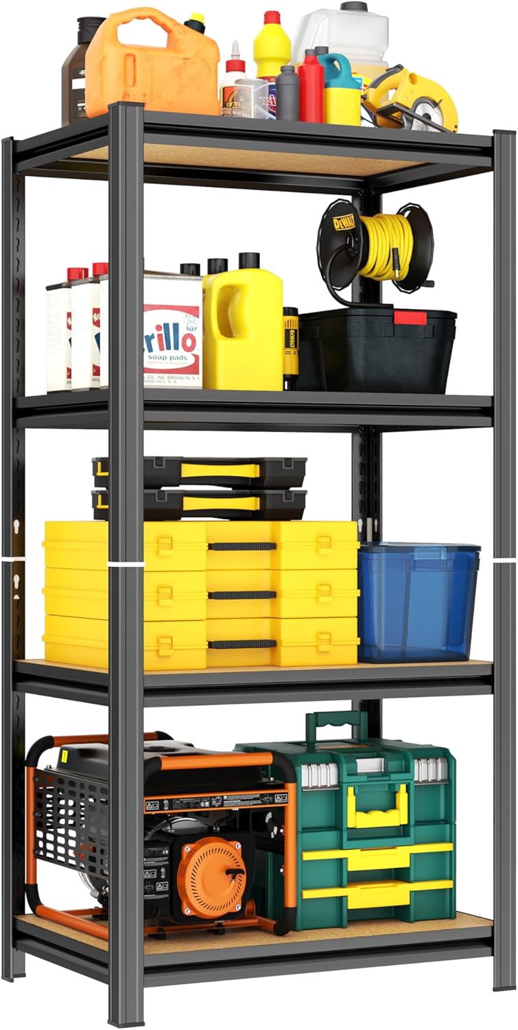 Garage Shelving, 4-Tier Adjustable Storage Shelves, Metal & Wood Pantry Shelf Organizer, Modern Garage Shelving Unit, Utility Storage, (Wood 45.7" H x 23.6" W x 11.8D)