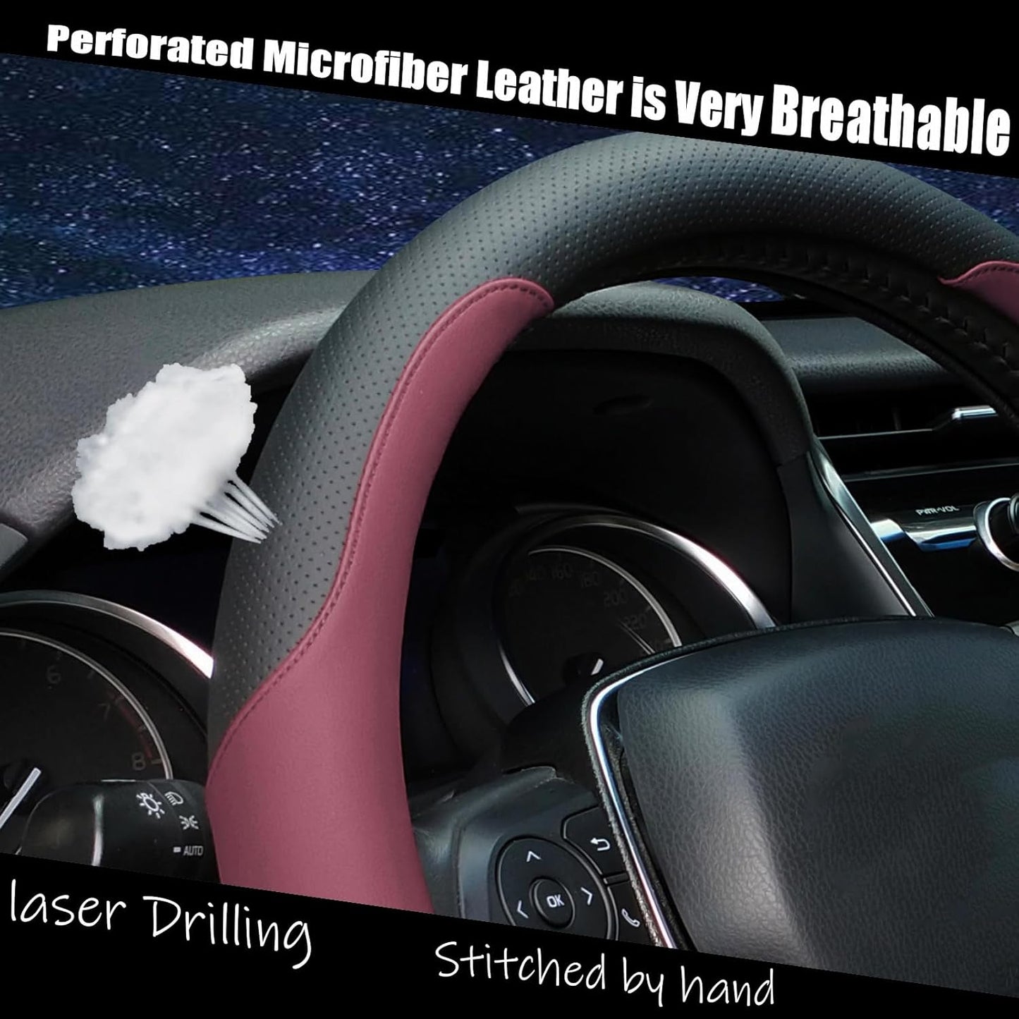 Steering Wheel Cover Standard Size Medium 14.5-15 inch, Breathable Microfiber Leather, Anti-Slip, Soft Grip, Universal Fit for Cars SUVs Trucks, Black and Burgundy