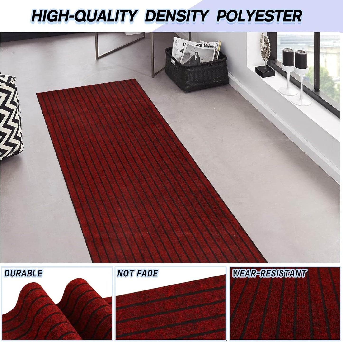 Custom Size Backed Non-Slip Area Rugs Runner, Easy Clean, Waterproof Runner Rugs for Hallway Entryway, Kitchen, Laundry, 3FT x 72FT, Red Stripe