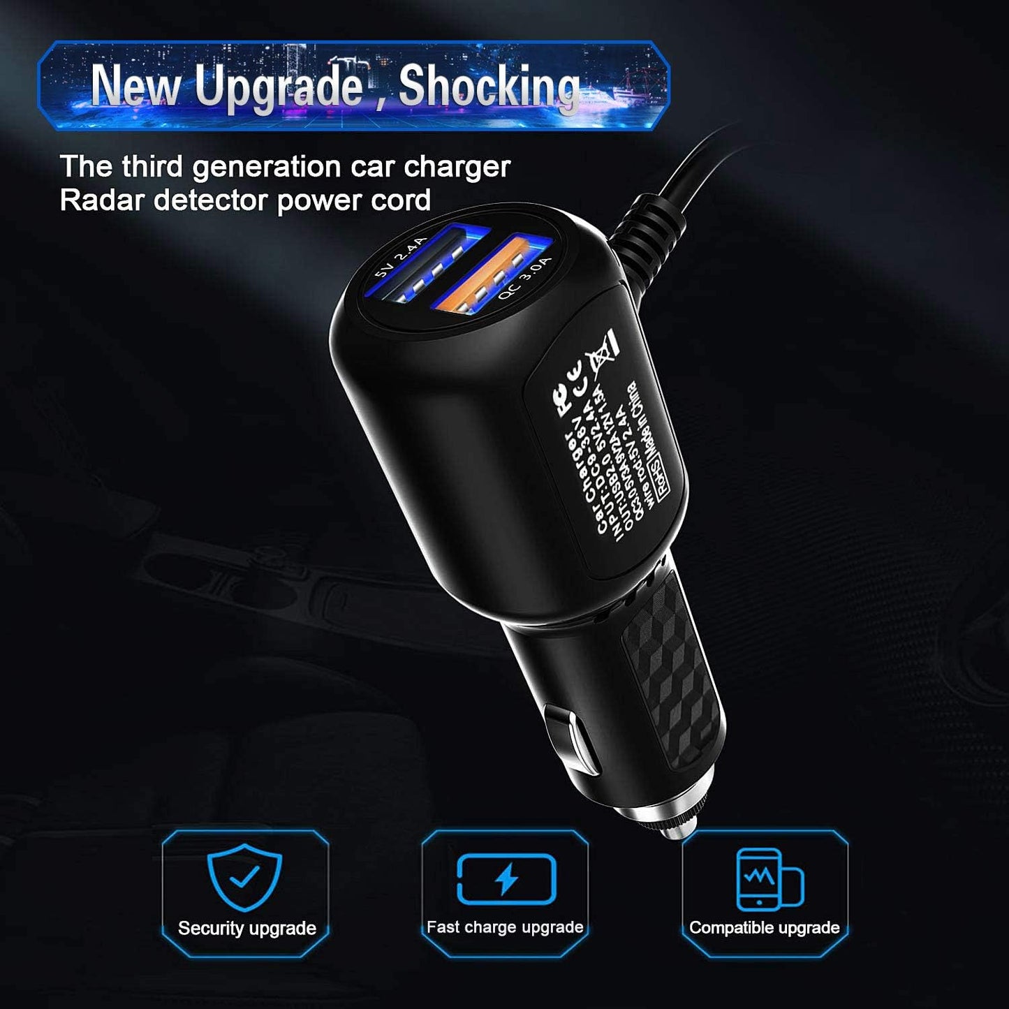 Radar Detector Power Cord,for Uniden Escort Valentine Beltronics Passport Cobr Whistler etc Radar Detector,Dual USB QC3.0 Quick Charger(6.5FT)