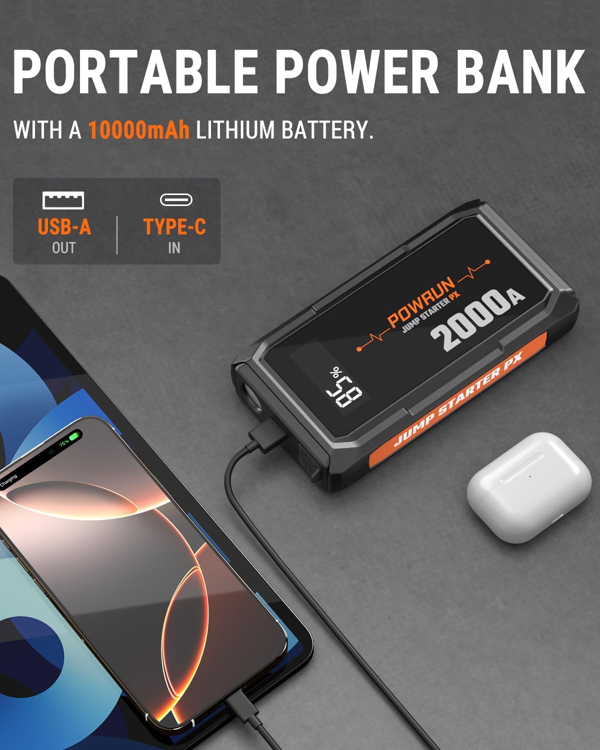 Powrun P-X Jump Starter, 2000A Portable Jump Box - Car Jump Starter Battery Pack for up to 6.0L Gas and 5.0L Diesel Engines, 12V Battery Jump Starter with Carry Bag