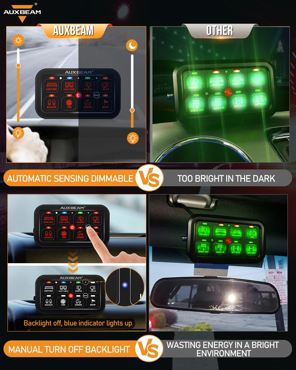 Auxbeam 8 Gang Switch Panel RB80 Toggle Momentary Pulsed RGB Dimmable Switch Panel Multifunction Panel Two Sided Output Marine Switch Panel IP65 Waterproof for Car Boat RV, 2 Years Warranty