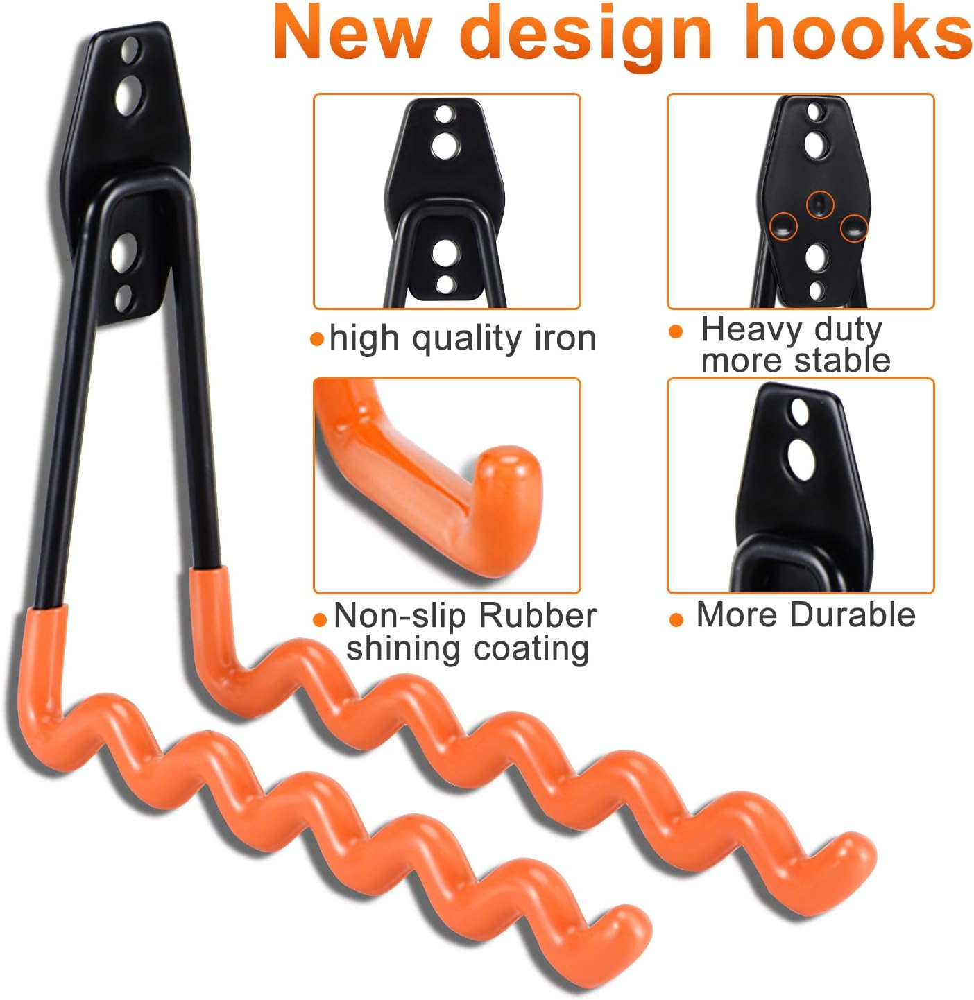 AOBEN Garage Hooks,24Pack Heavy Duty Garage Hanger Organizer Anti-Slip Double Wall Garage Storage Hooks for Ladder, Power Tool,Bike,Ropes (23 Hooks & 1 hoder Strap)-Orange