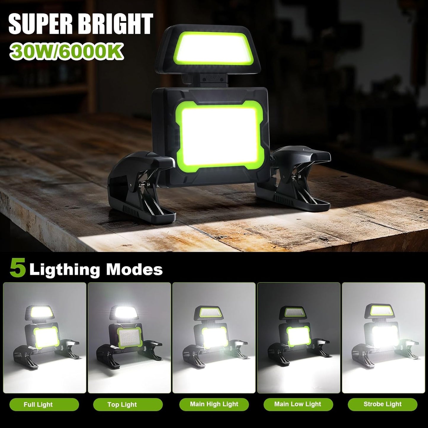 Rechargeable Work Light with Clamp, 3000 Lumen Magnetic Work Light Battery Powered with 5 Light Modes, 350° Rotation, Portable Job Site Lighting for Construction Site, Workshop, Car Repairing