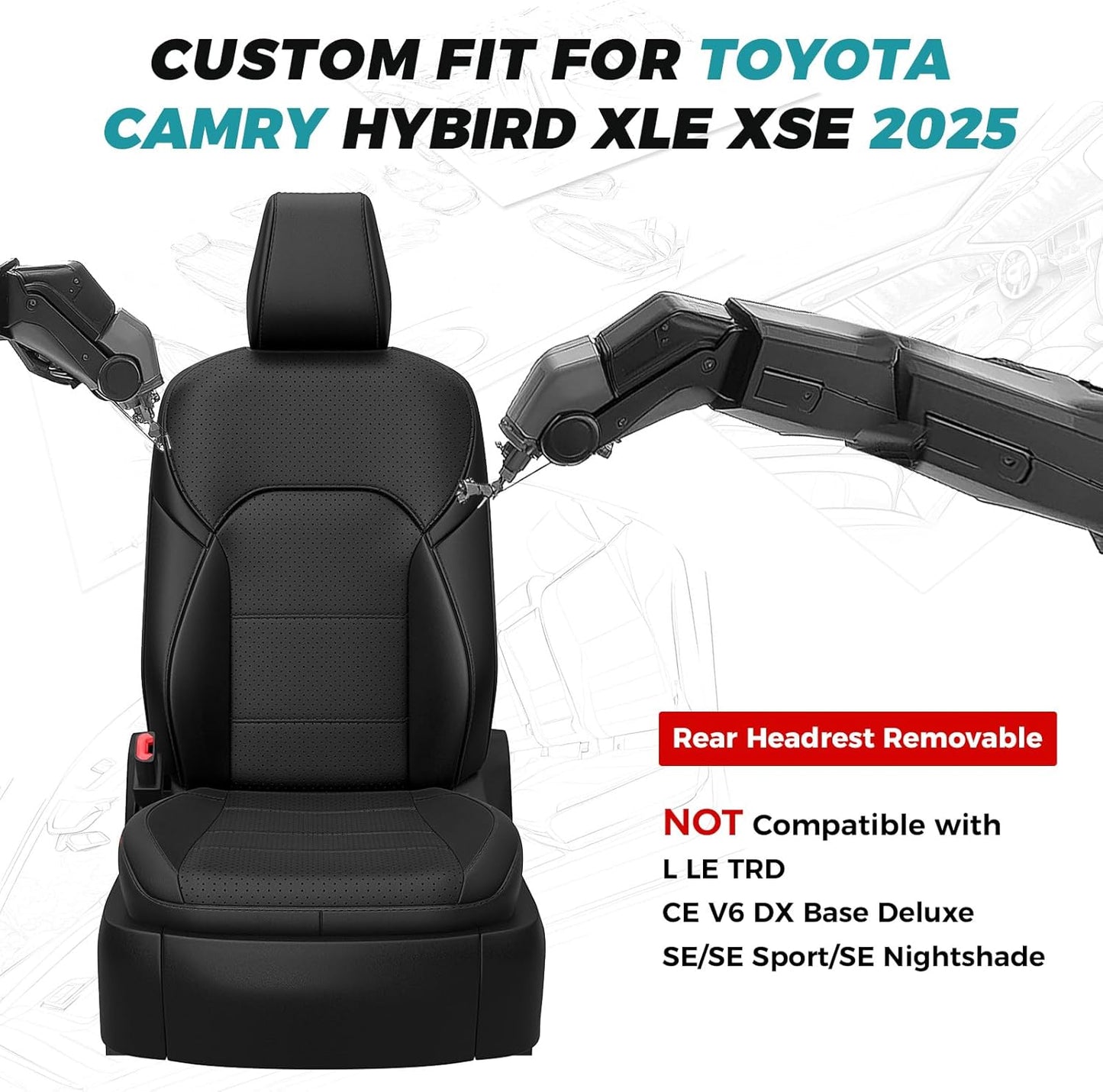 for Toyota Camry Seat Covers XLE XSE 2025 - Custom Fit Car Seat Covers Full Set, Leather Seat Covers for Cars, Waterproof Car Seat Cover, Black