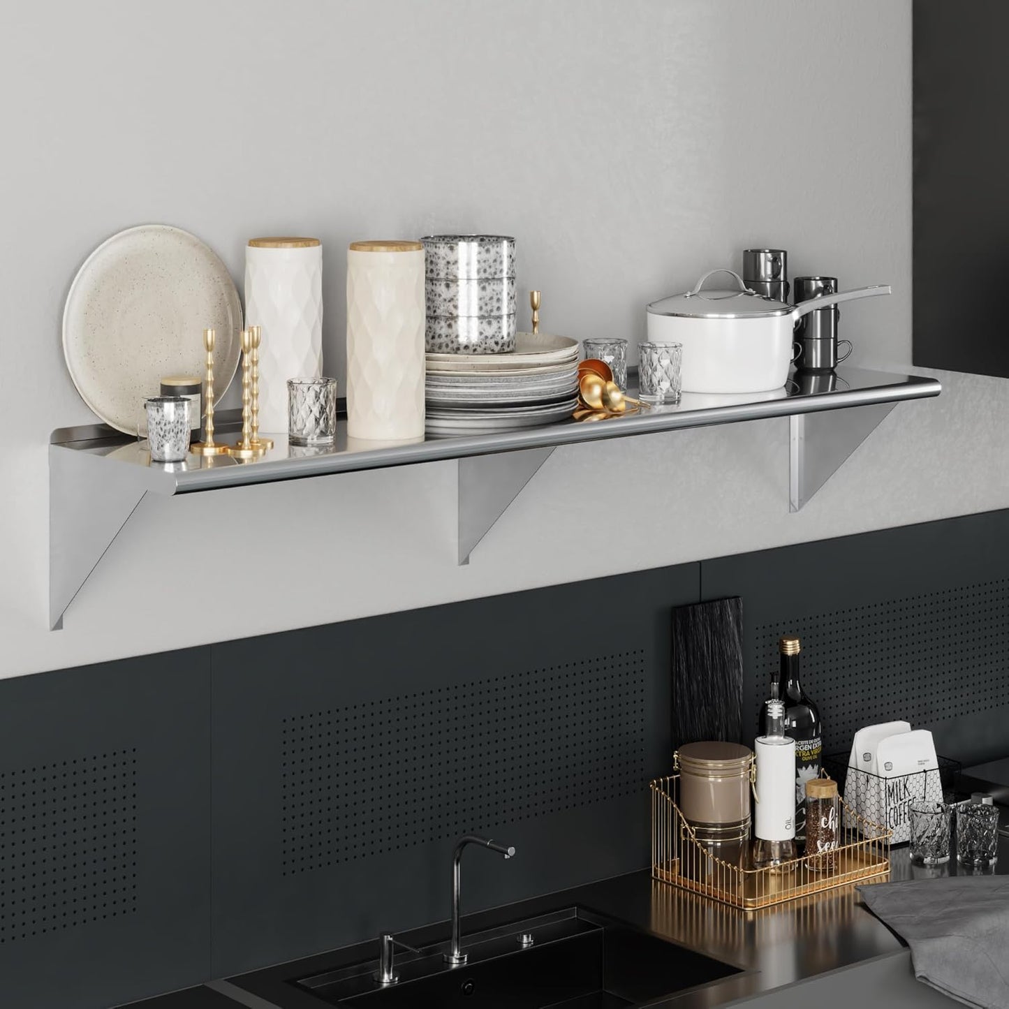 AmGood 72" Long X 16" Deep Stainless Steel Wall Shelf | NSF Certified | Appliance & Equipment Metal Shelving | Kitchen, Restaurant, Garage, Laundry, Utility Room