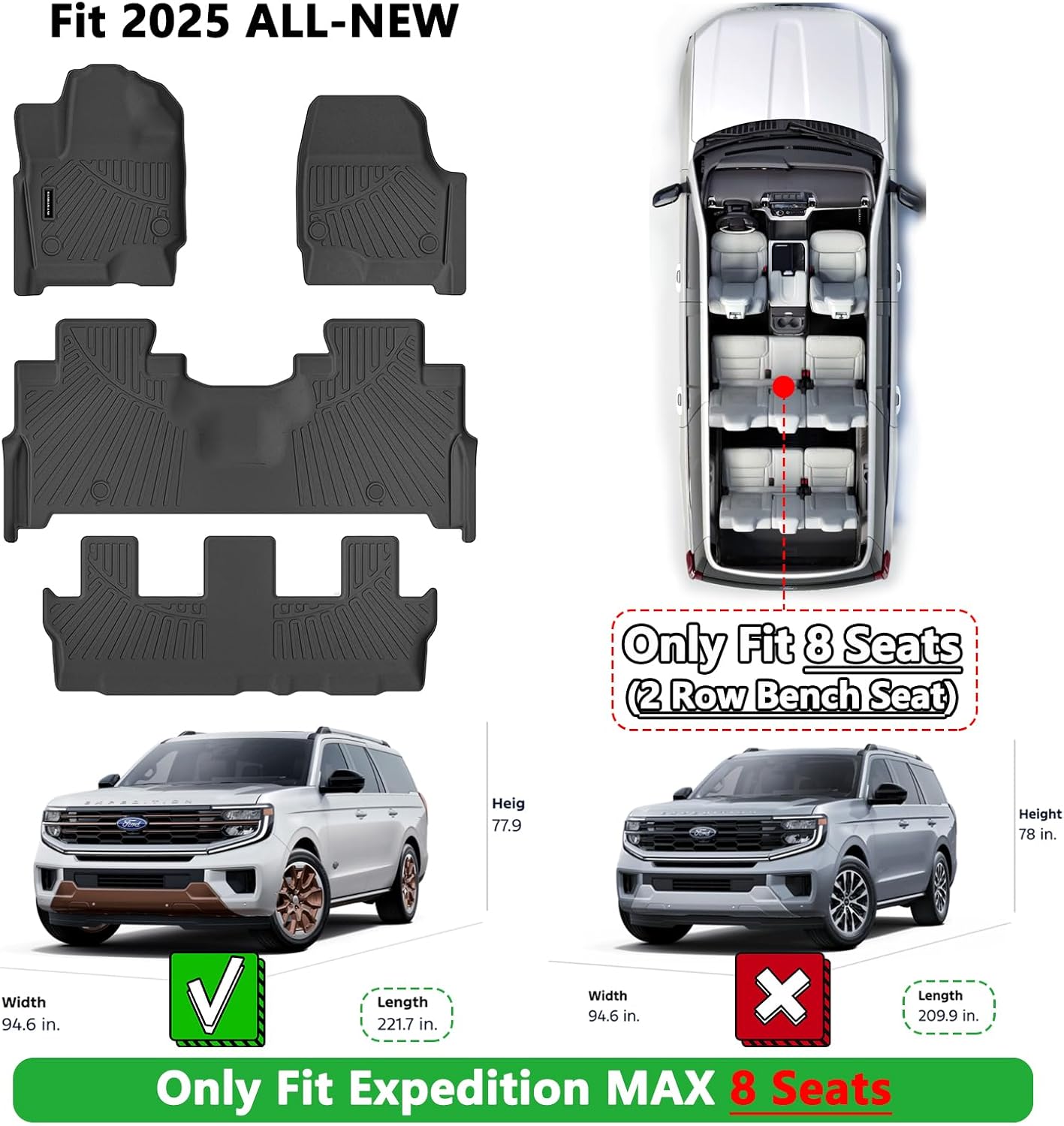 All-New 2025 SANBAN-AXE Floor Mats for 2025 Ford Expedition MAX - 8 Seat, TPE All Weather Protection 2 Rows Car Floor Liners - Only Fit 8 Seats(2 Row Bench Seat), Fit Expedition MAX