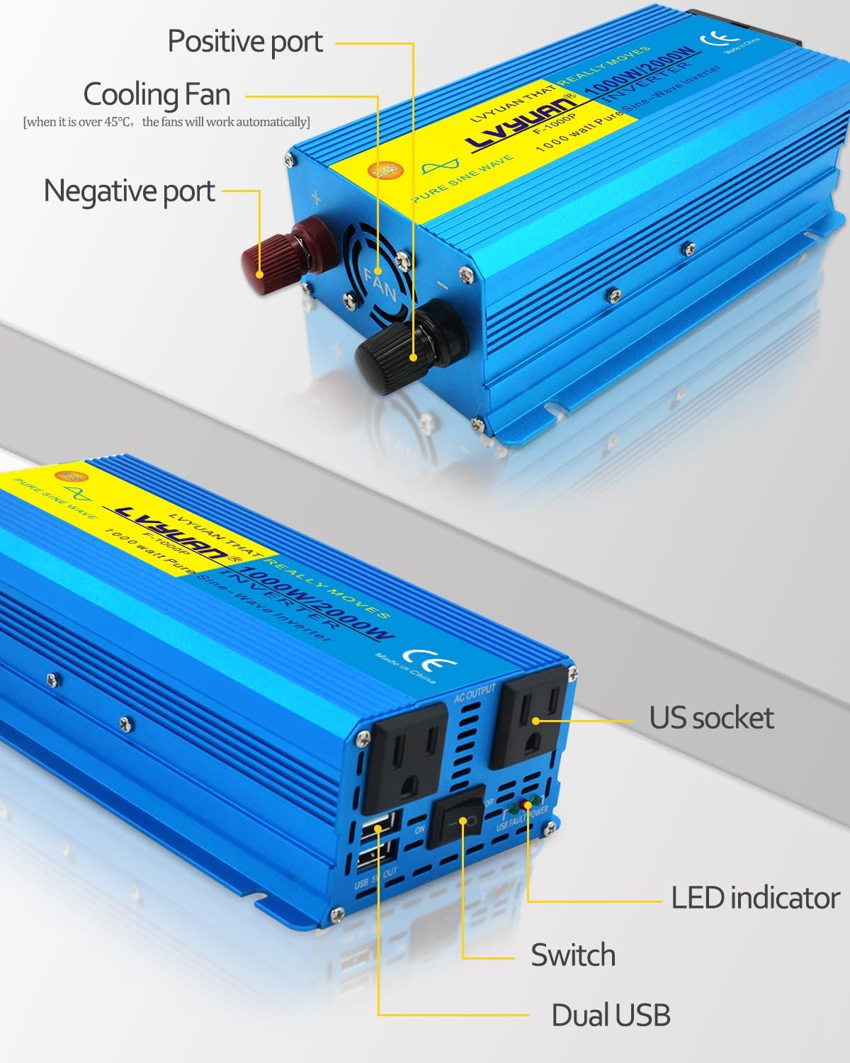 LVYUAN 1000 Watt Pure Sine Wave Inverter 24V to 110V / 120V DC to AC with U.S. Outlet, USB Charger Ports, Car Power Inverter for Vehicles, RV, Outdoor, Home