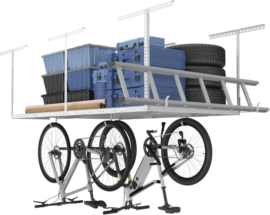 FLEXIMOUNTS 4x8 Overhead Garage Storage Rack w/Hooks Adjustable Ceiling Storage Racks, 96" Length x 48" Width x 40" Height, 22''-40" Ceiling Dropdown, White