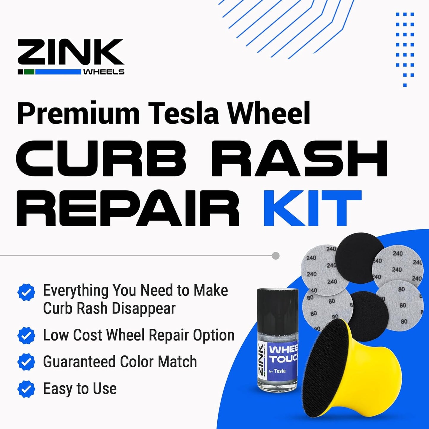 Premium Tesla Wheel Curb Rash Repair Kit for Model 3 19-inch Silver Stiletto Sport Rims - DIY Kit with Color-matched Touch Up Paint - Made in USA
