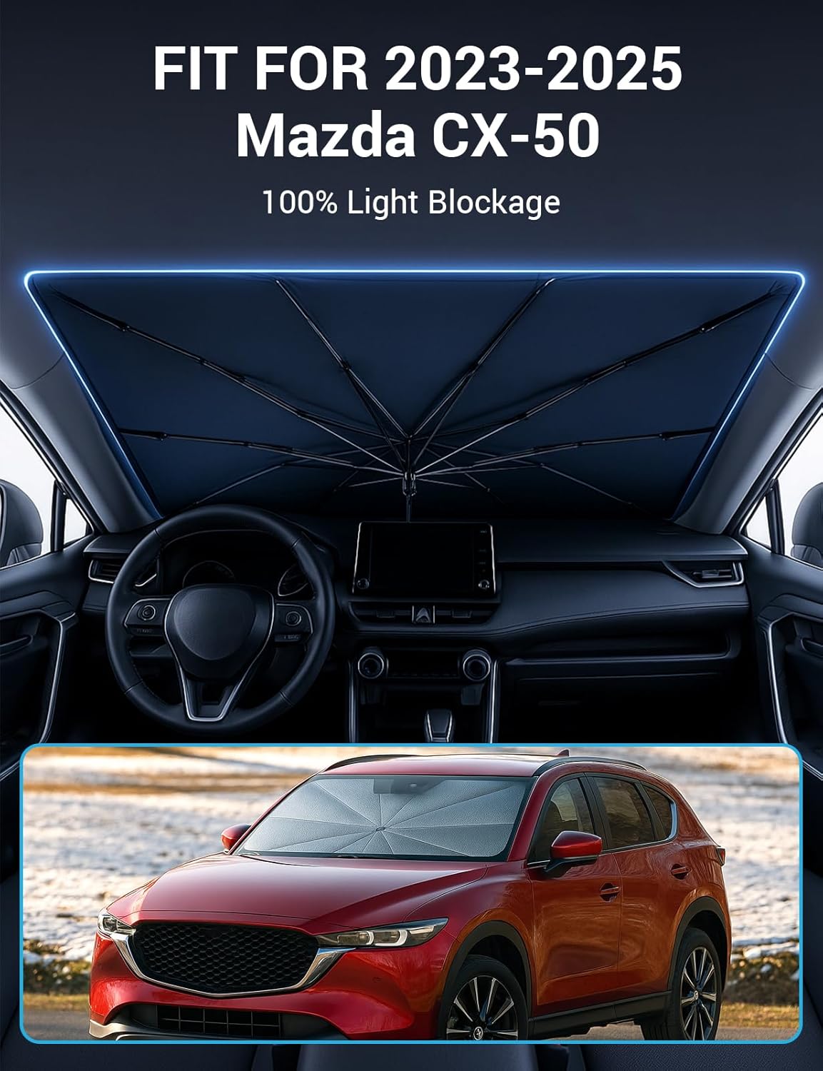 Proadsy Windshield Sun Shade Umbrella for Mazda CX-50 2023-2025 2026 Foldable Car Umbrella Sunshade with Soft TPU Handle Spring Structure Crystal Cooling Material Protect Car from Rays & Heat
